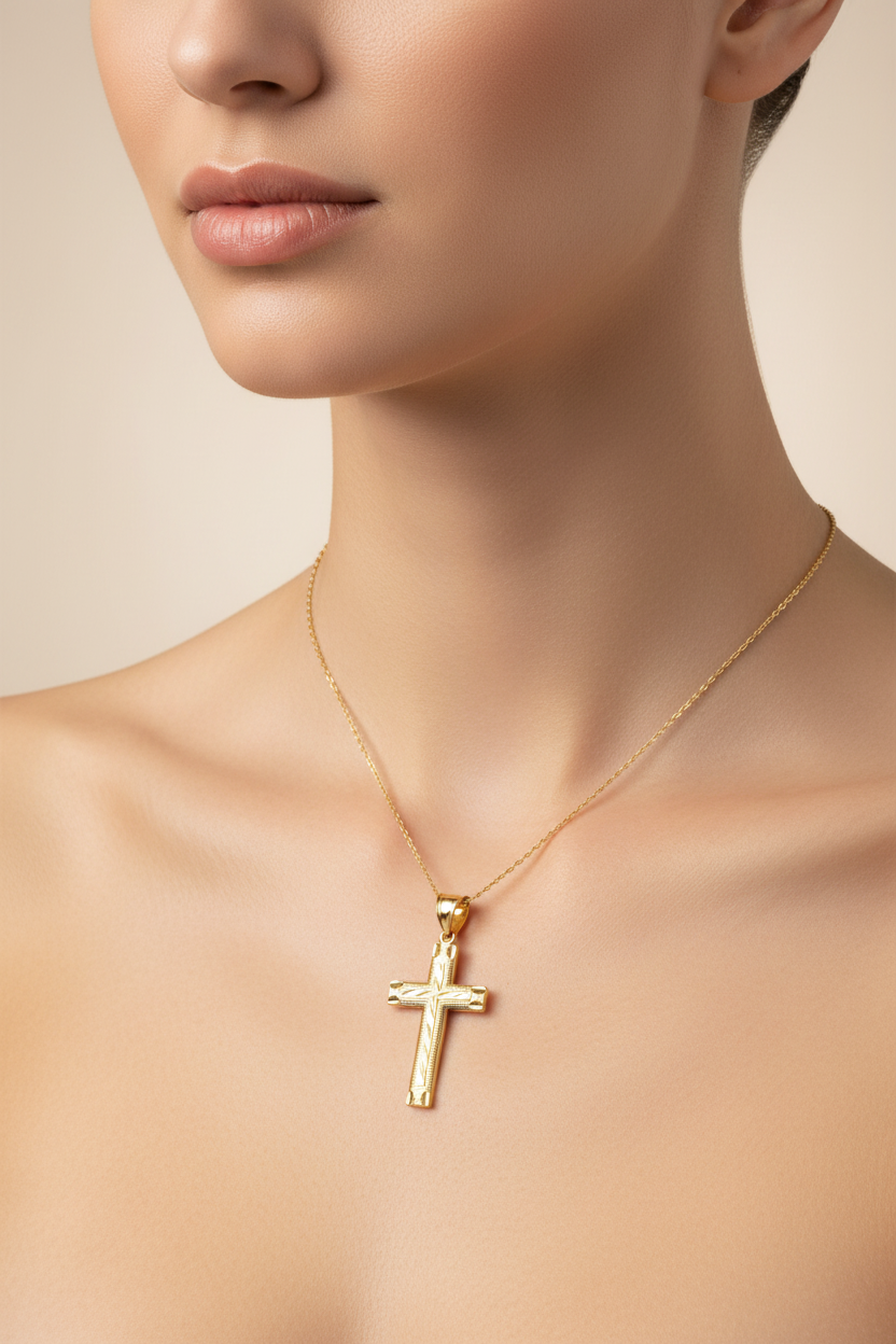 Classic 14K gold religious cross pendant with faceted center