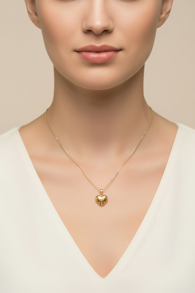 Polished puff heart pendant in genuine 14K yellow gold