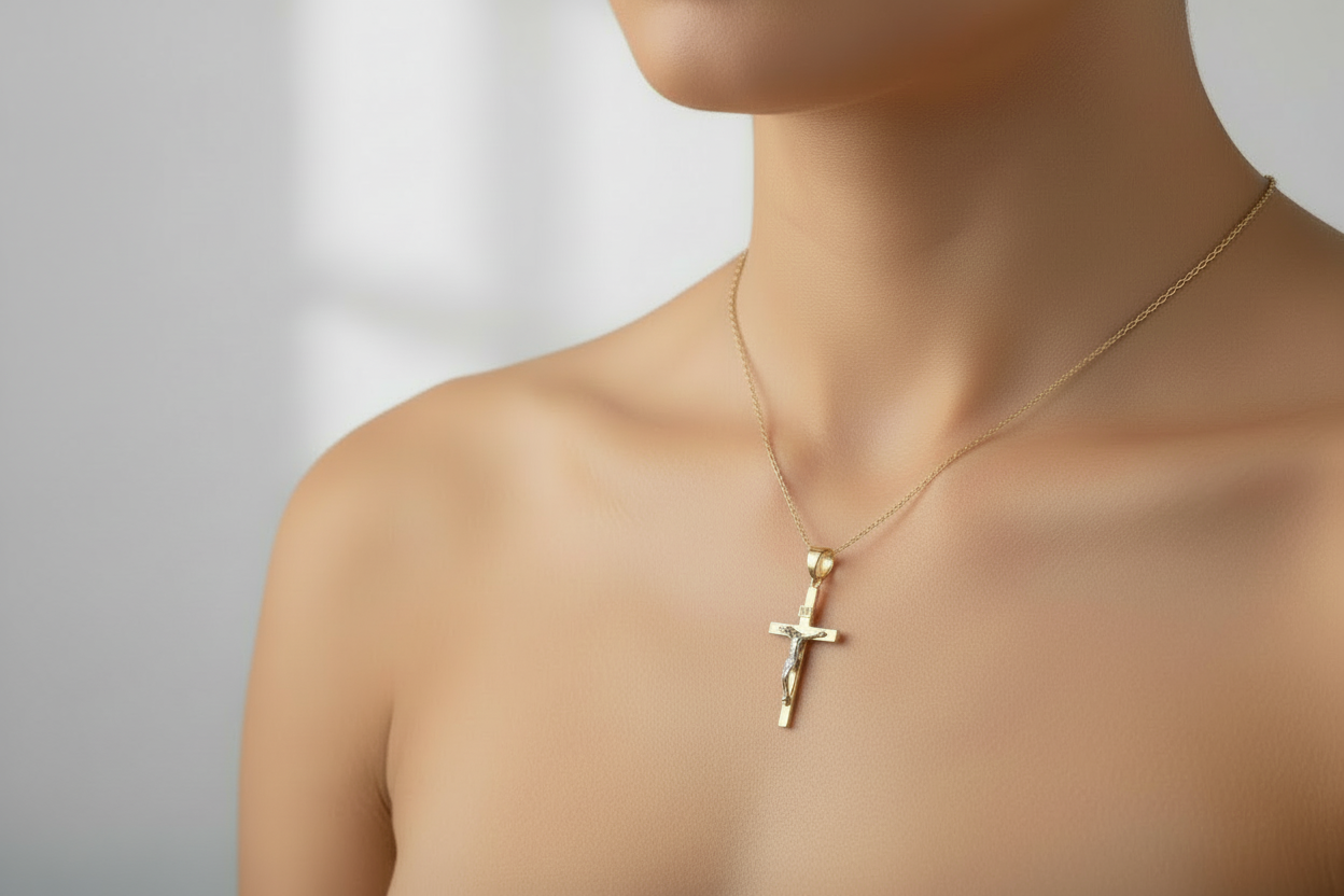 Religious cross pendant with white gold Jesus figure on dainty gold chain.