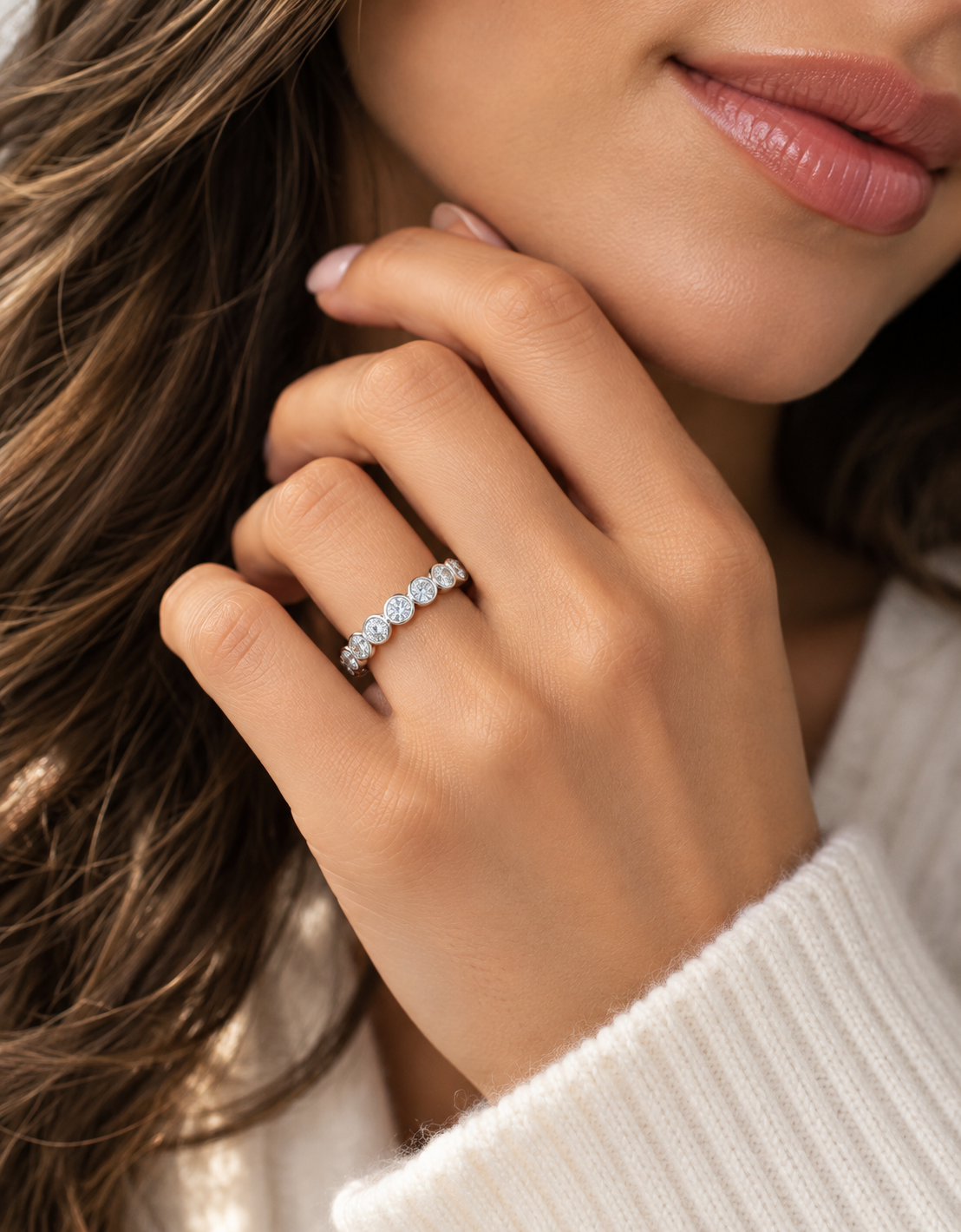 White gold bezel-set band featuring 0.87 CTW of round lab-grown diamonds