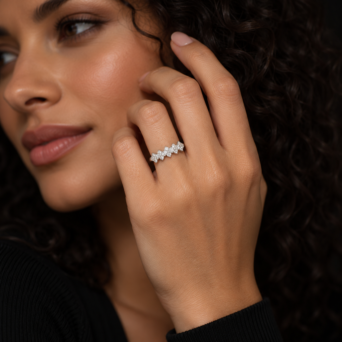 White gold cluster ring featuring 0.58 CTW of round lab-grown diamonds across the top.