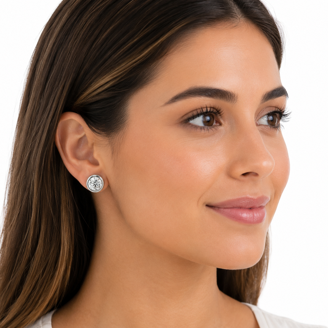 14K white gold bezel stud earrings with 4.20 CTW lab grown F VS1 diamonds