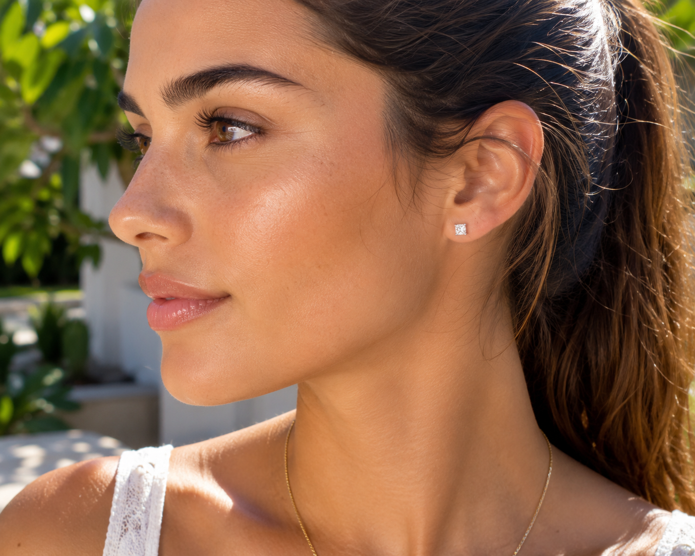 4MM princess cut natural diamond stud earrings in 14K white gold