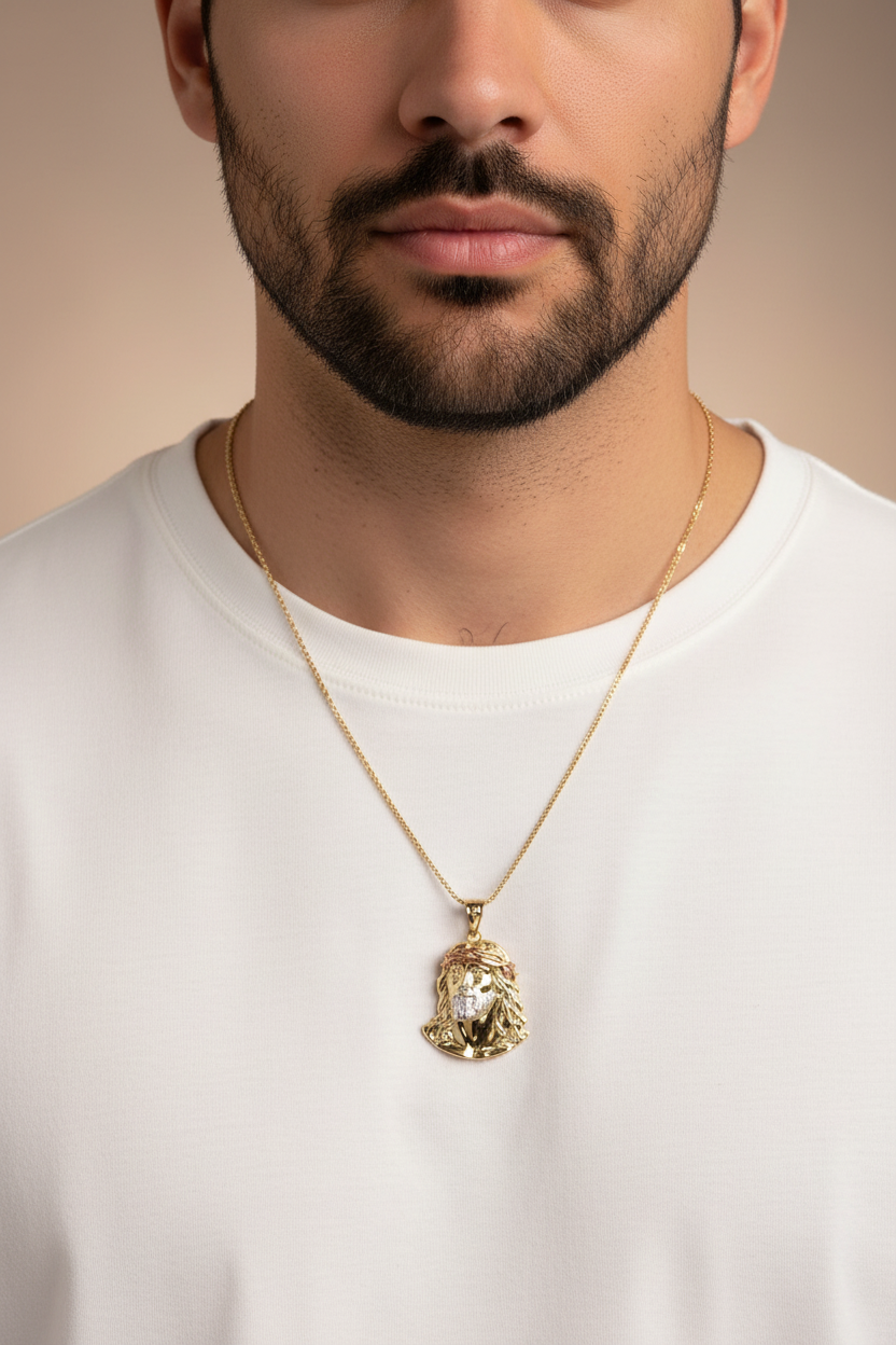 Yellow and rose gold Jesus pendant with crown of thorns