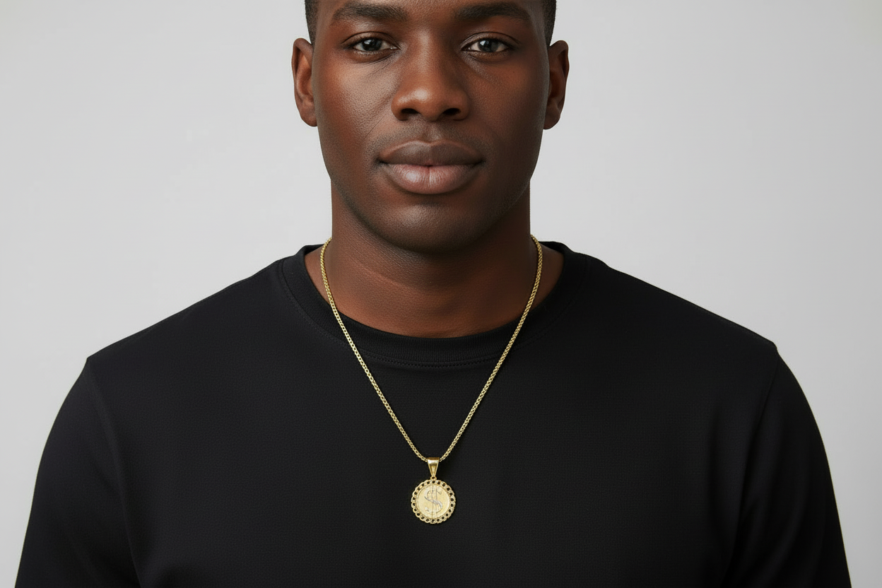 Round gold pendant with Cuban-link inspired frame and money symbol.