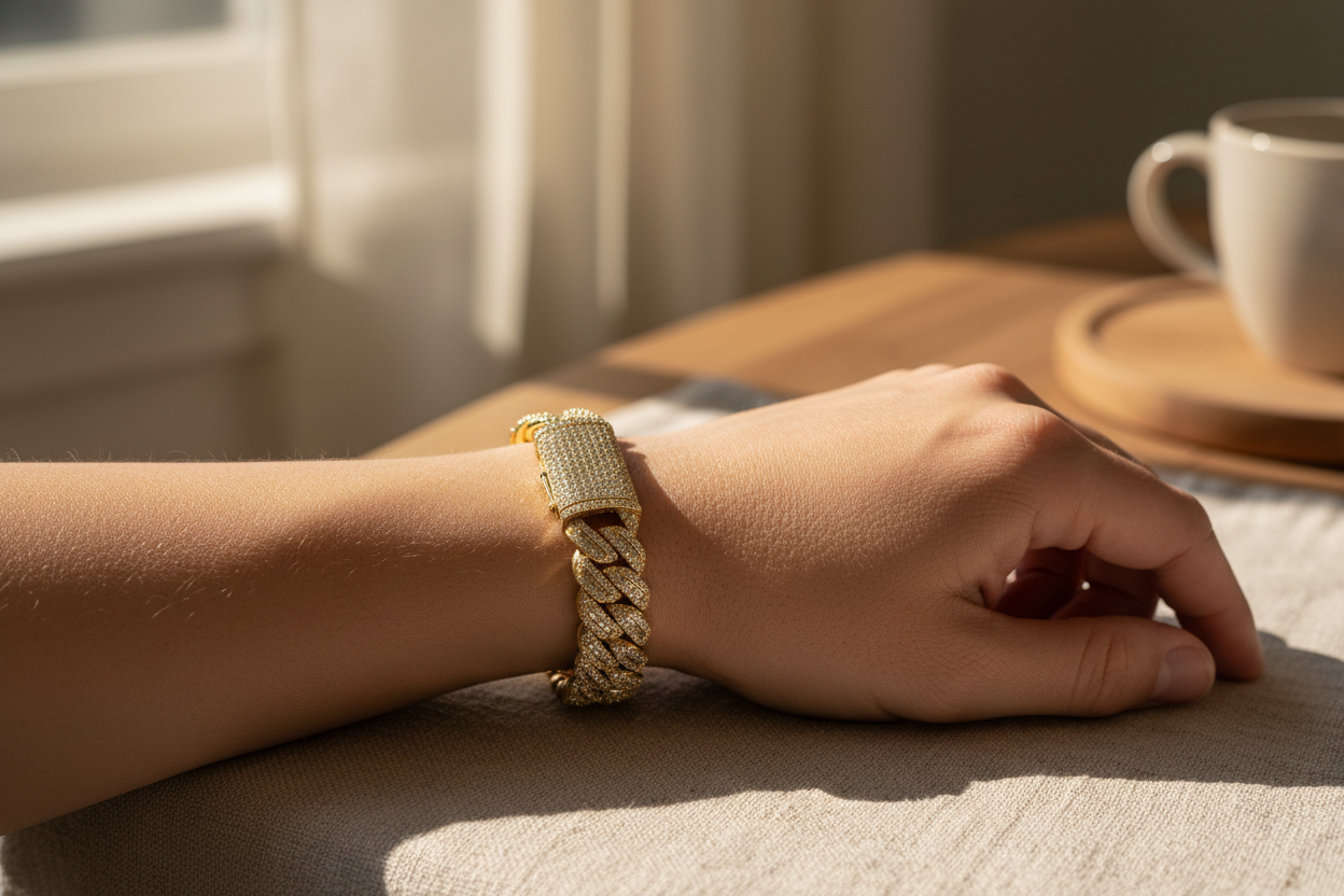 Premium men's moissanite Cuban bracelet with gold plating and brilliant VVS stones.