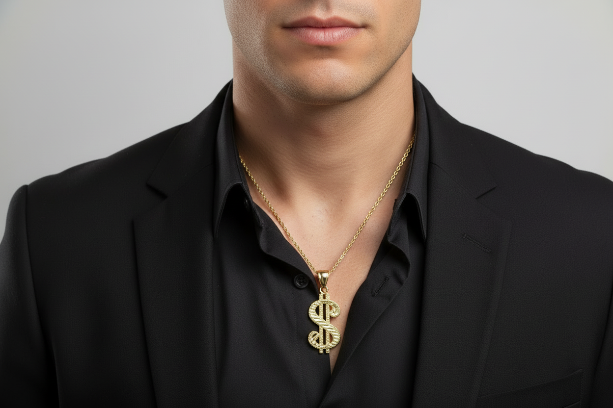 14K yellow gold diamond-cut money symbol pendant