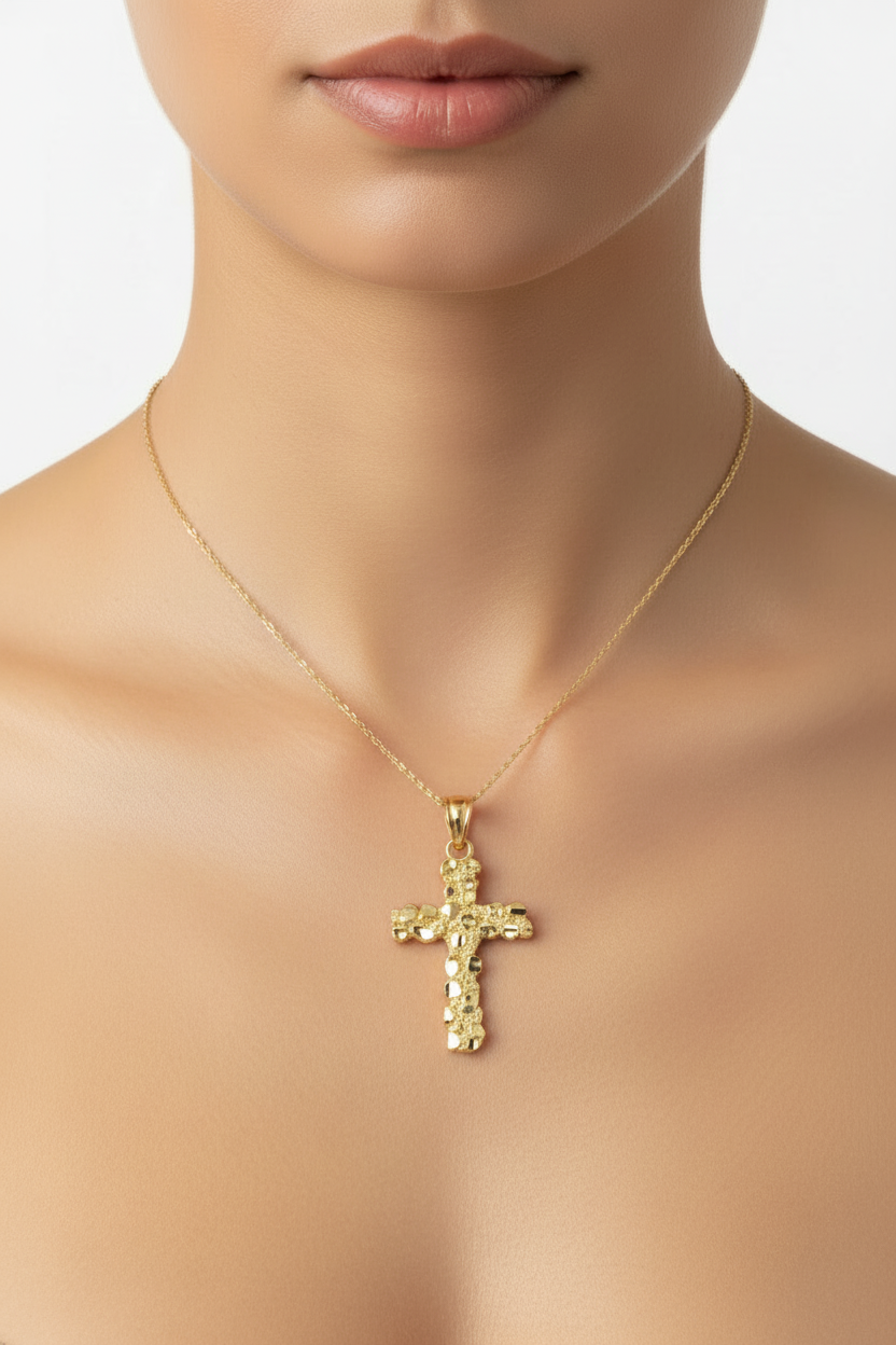 Small 14K yellow gold cross pendant with nugget texture design