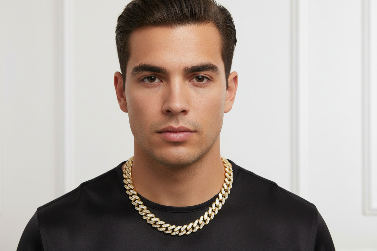Model wearing sterling silver baguette Cuban link chain with VVS moissanite and pavé box clasp