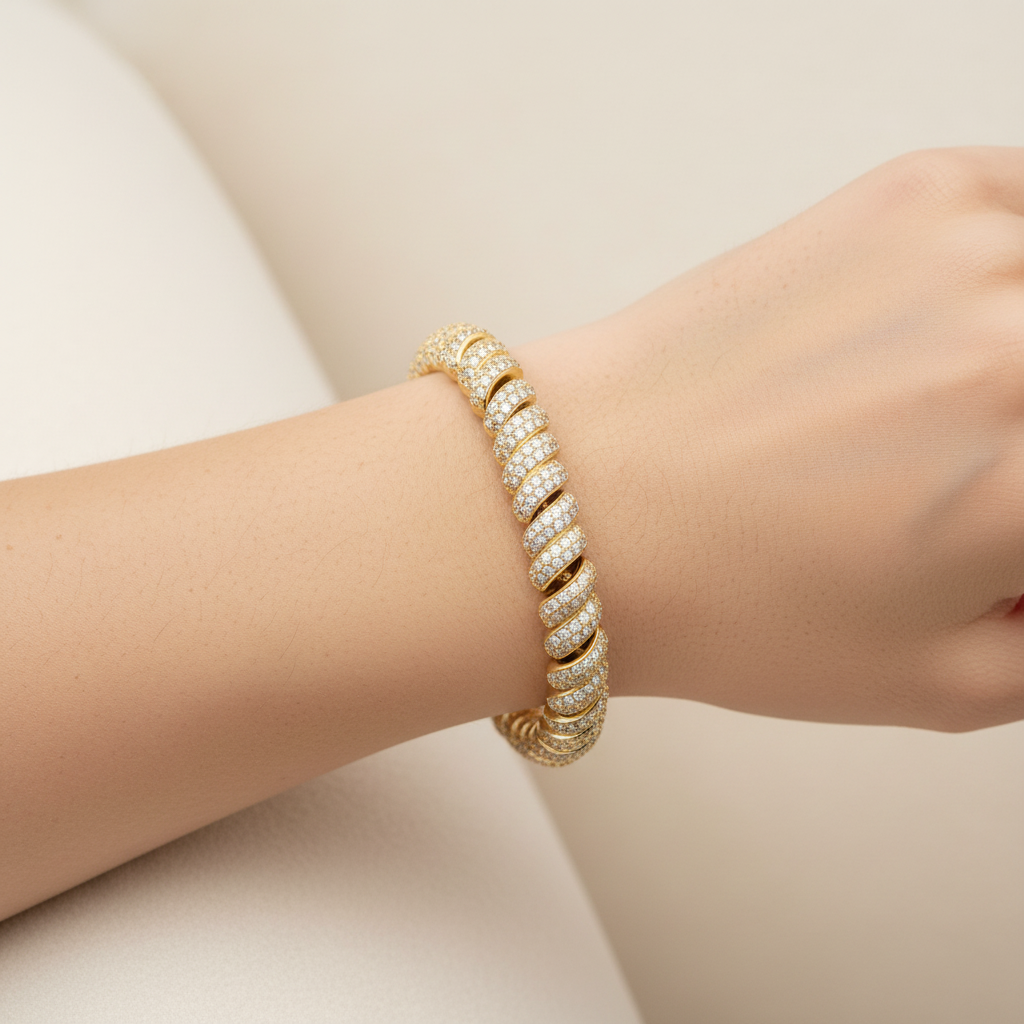 Hand model 8MM sterling silver pavé moissanite bracelet featuring sculptural twist links