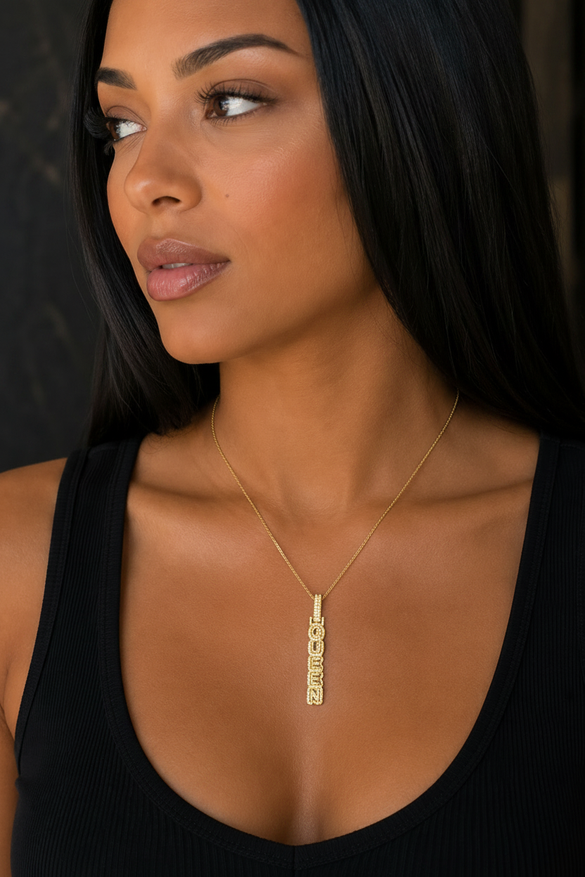 Fashion-forward Queen lettering pendant for everyday luxury.