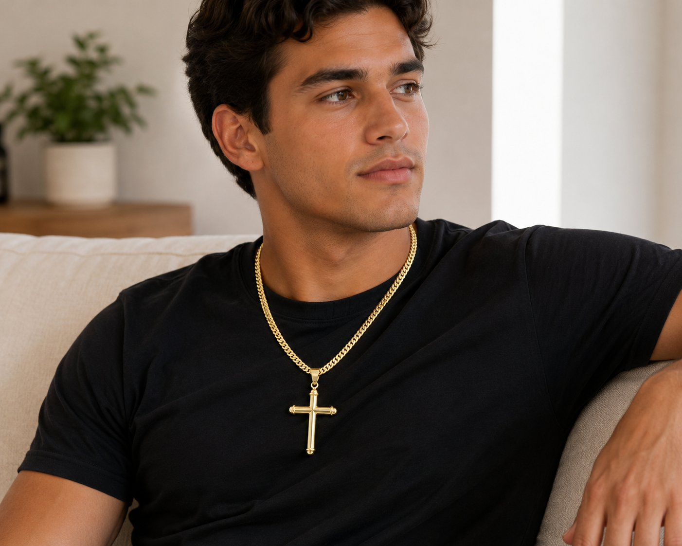 Rounded tube cross pendant crafted in genuine 14K gold