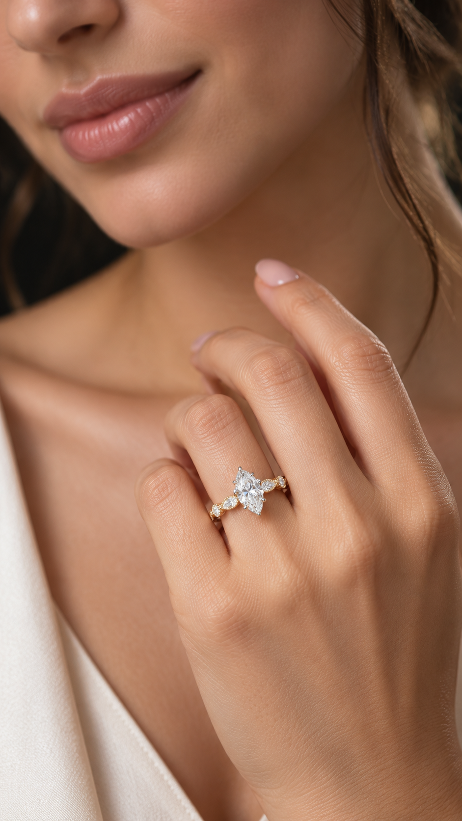 Model wearing marquise diamond engagement ring with unique band