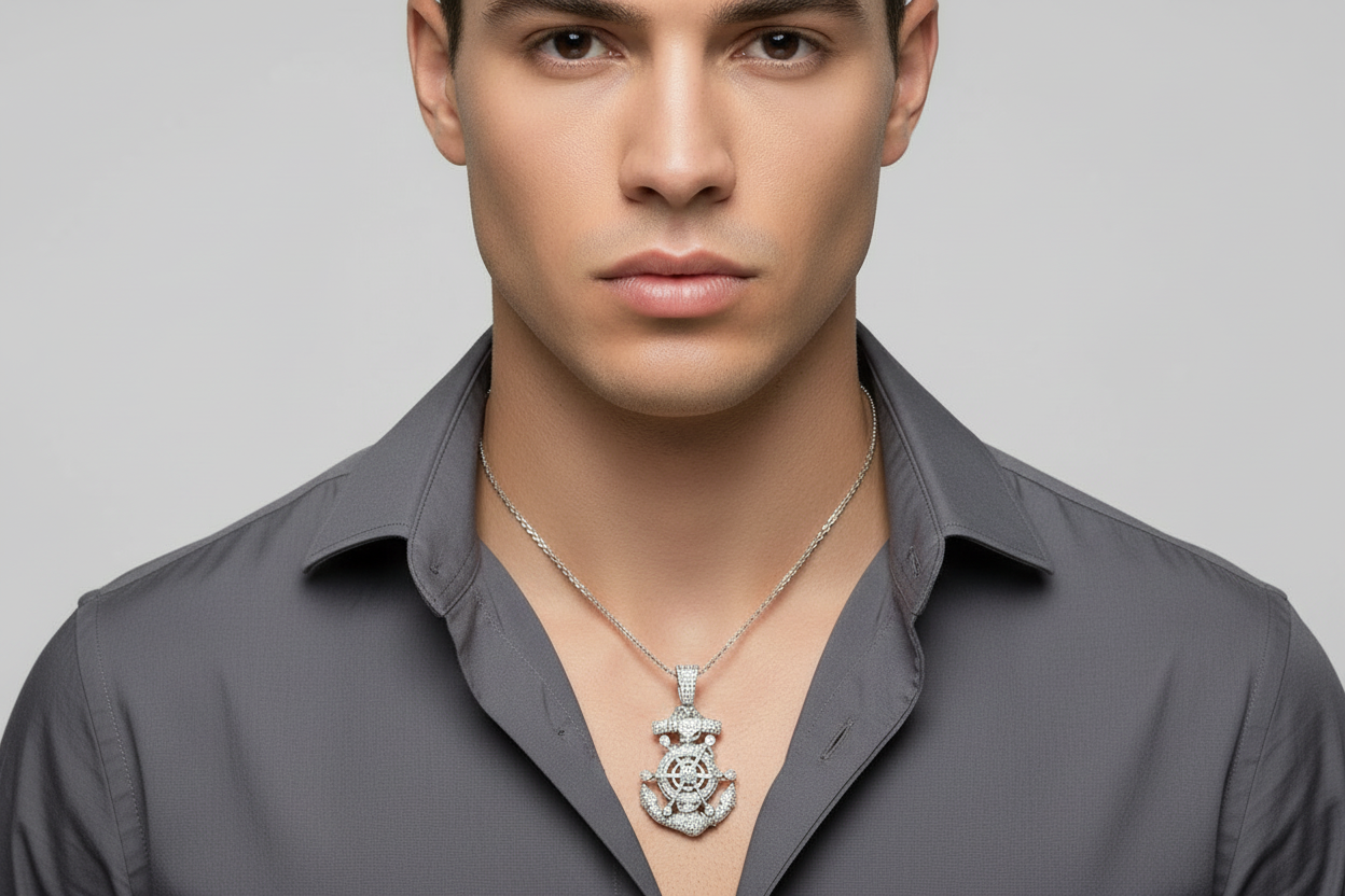 Luxury anchor and ship wheel pendant featuring 9.92 CTW VVS moissanite.
