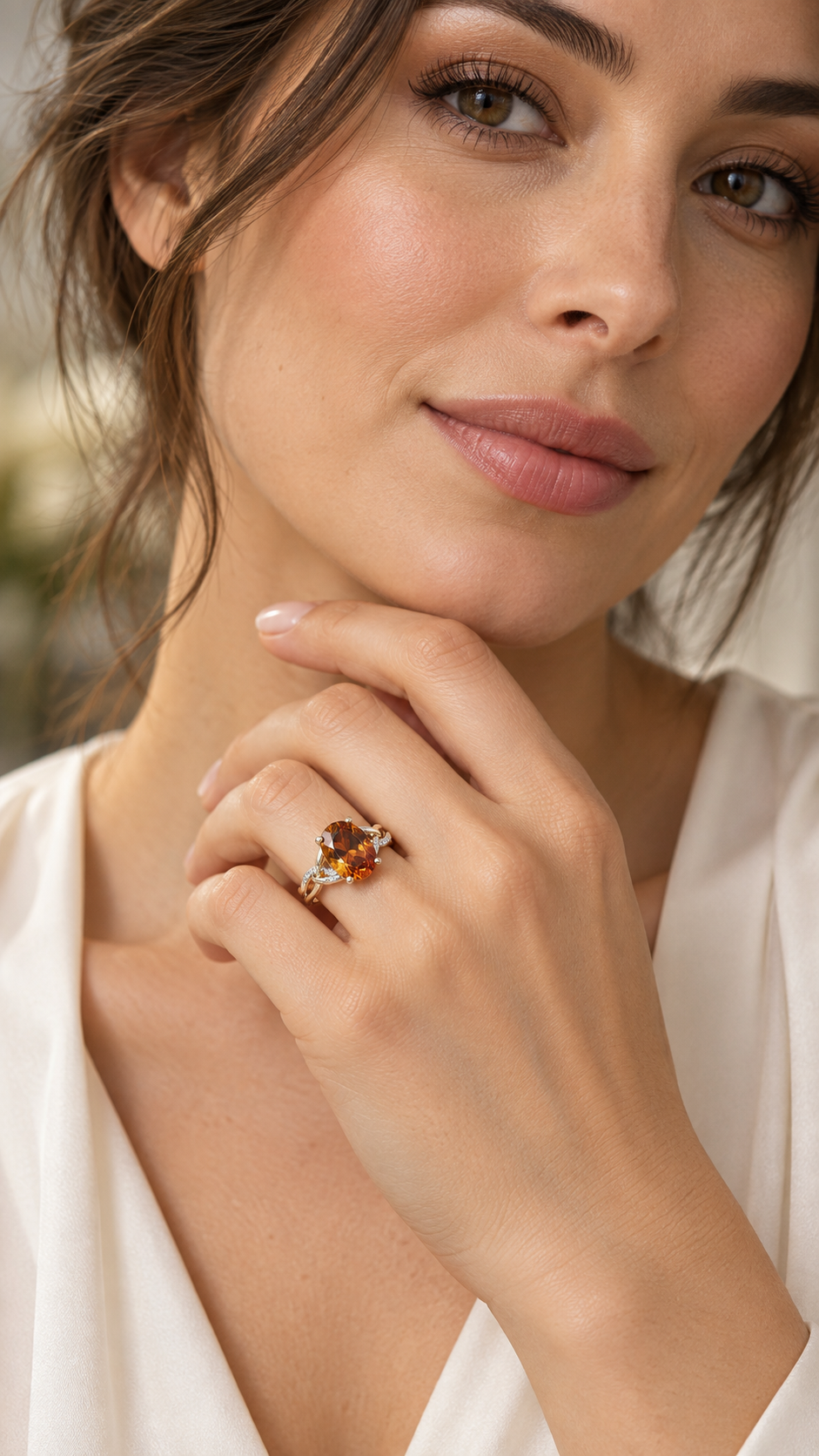 Model wearing natural citrine yellow gold ring