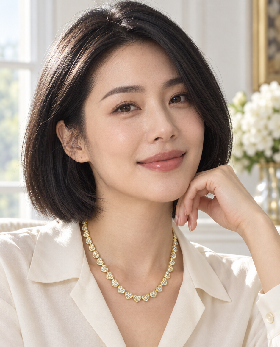 Model wearing petite heart moissanite tennis necklace