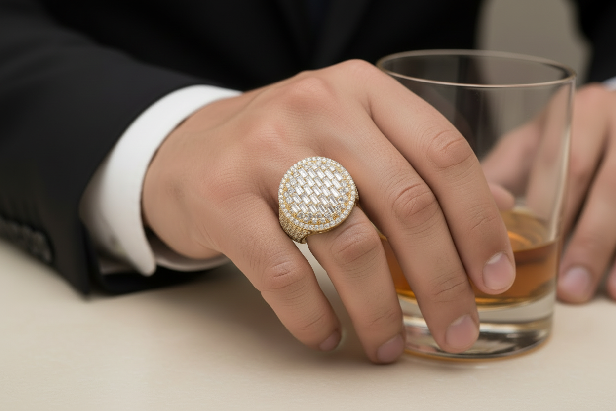Model wearing 20MM round cluster ring with VVS moissanites