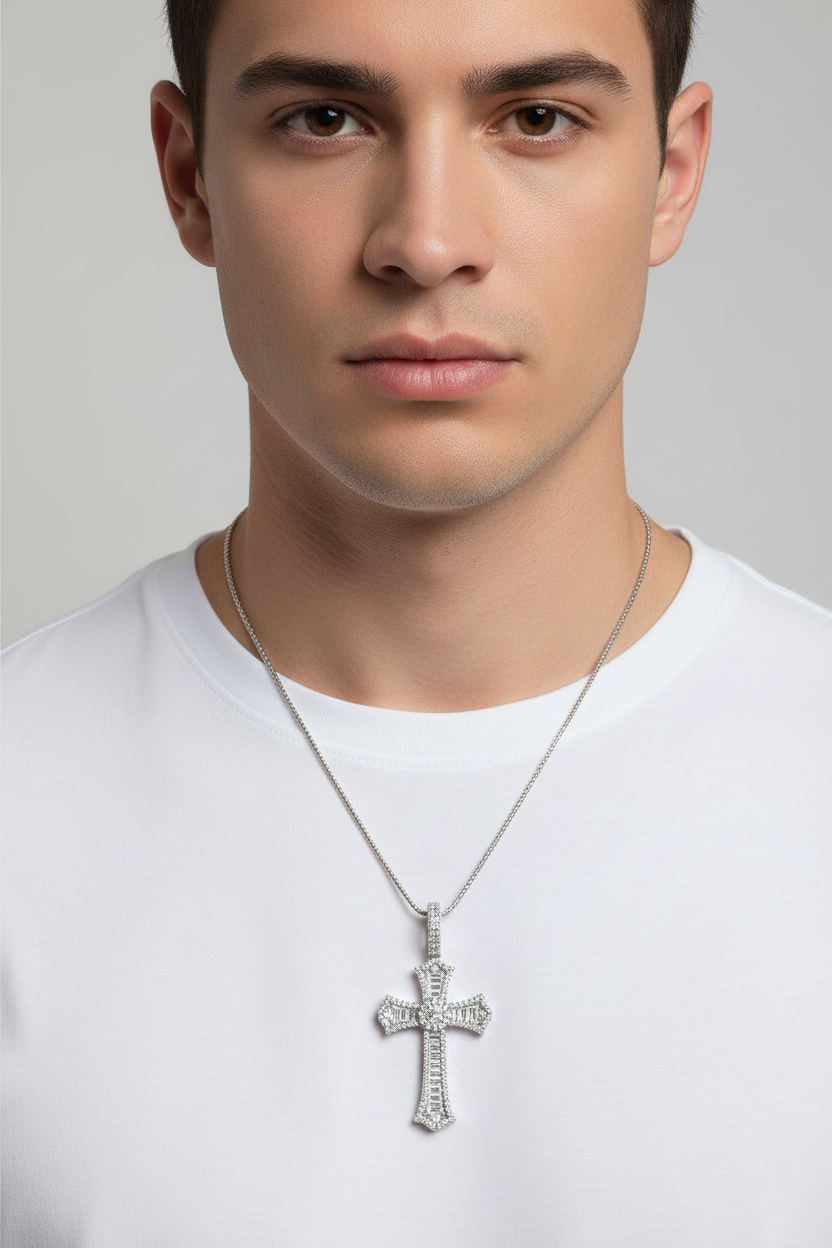 Model wearing 925 sterling silver moissanite cross pendant with brilliant sparkle.