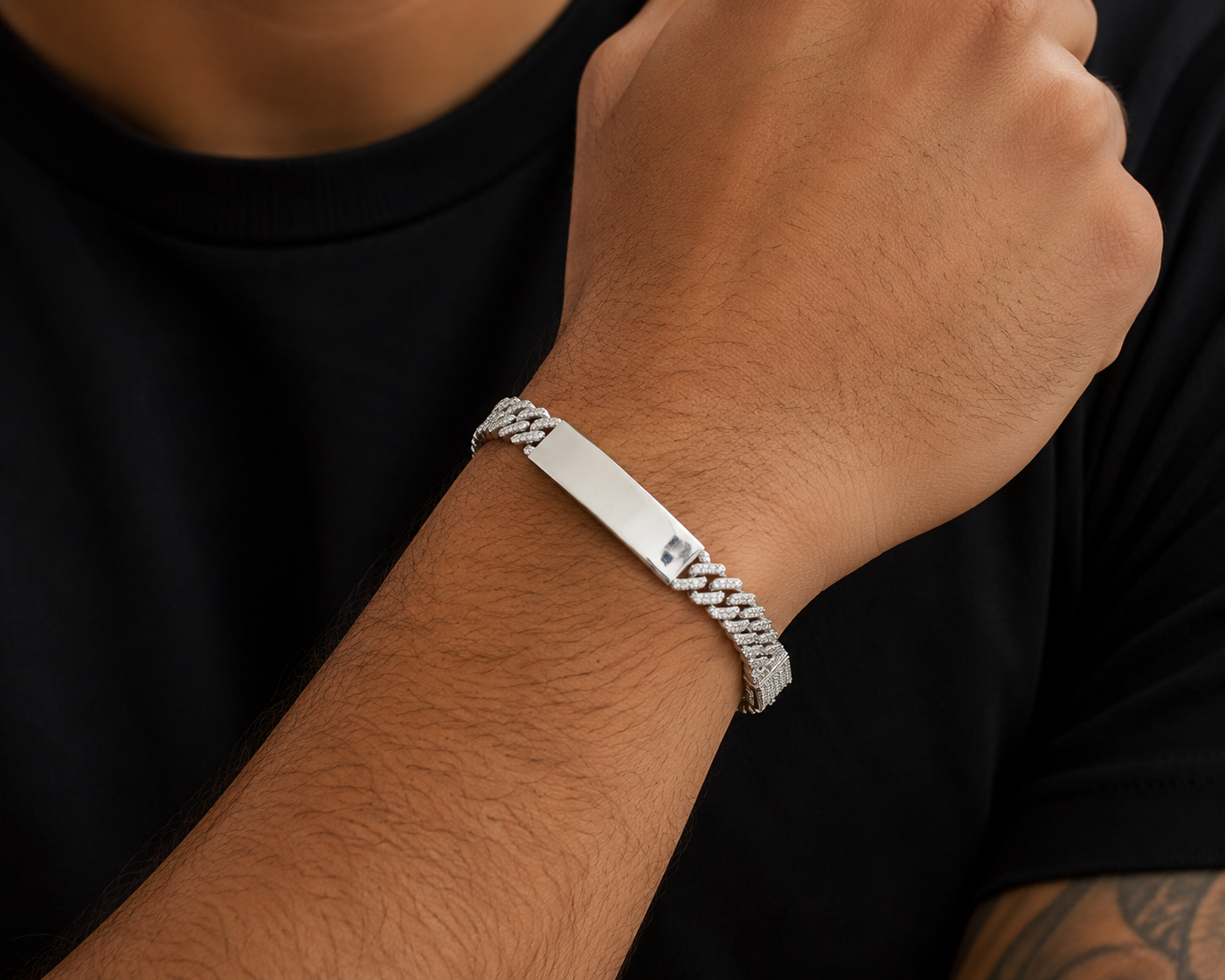 Silver iced out Cuban ID bracelet with 3.36 carats of VVS moissanite