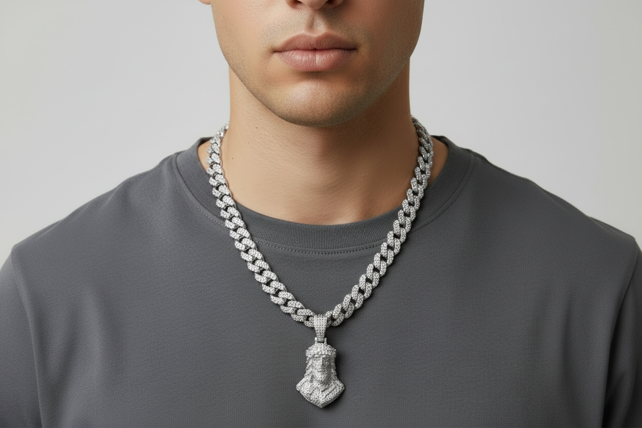 Iced Jesus Face pendant with detailed crown design.