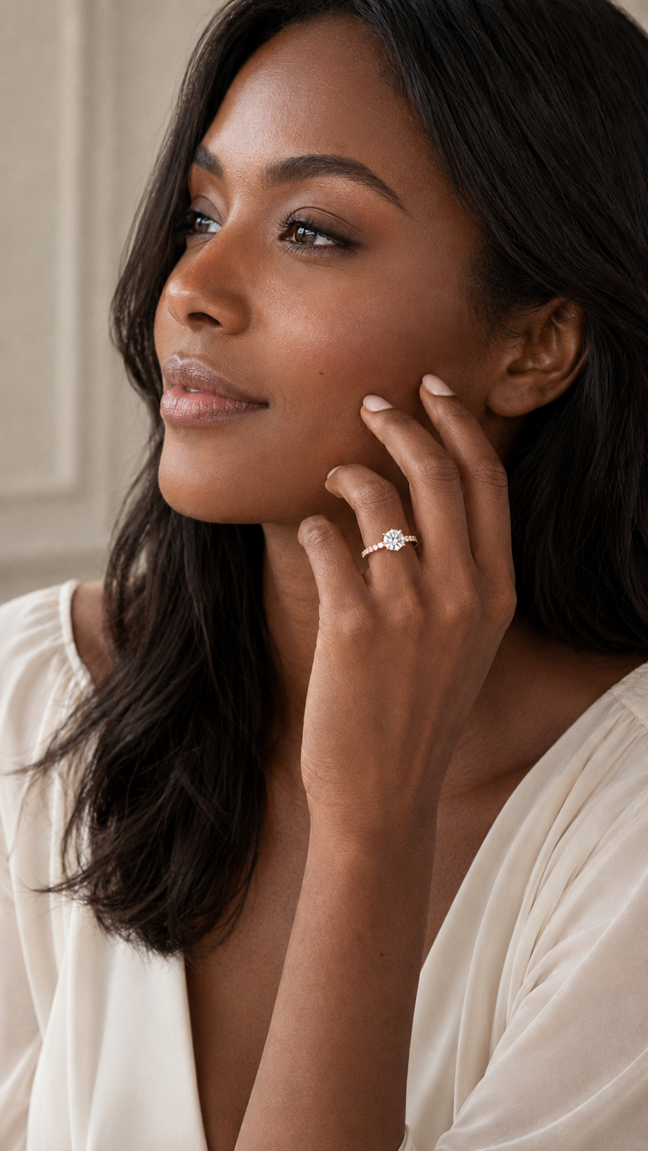Modern rose gold solitaire ring with hidden halo and lab grown diamonds