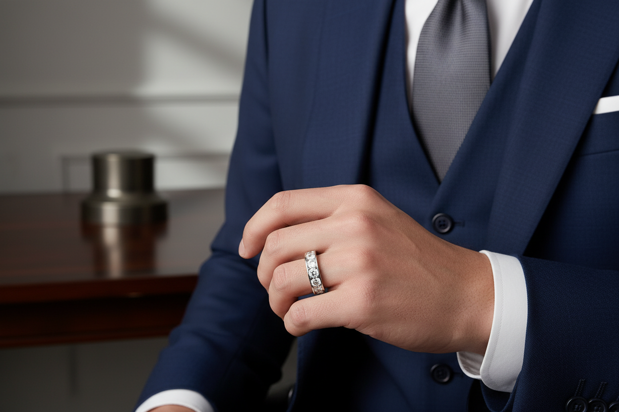 Men's sterling silver wedding band with channel set VVS moissanite stones
