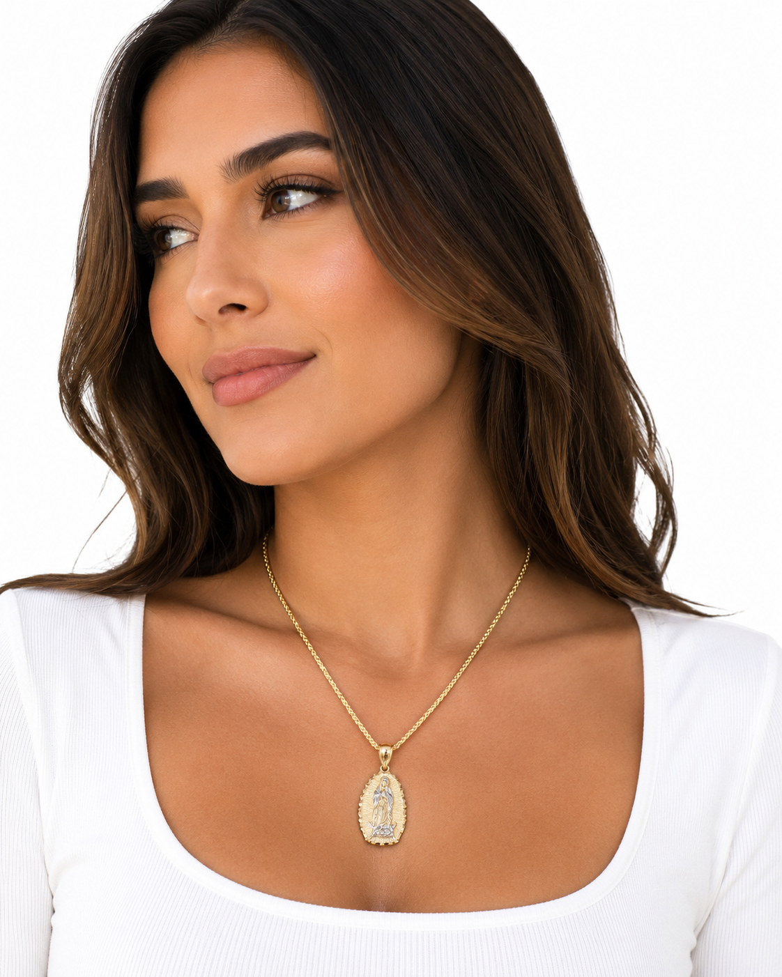 14K two-tone gold Virgin Mary religious pendant