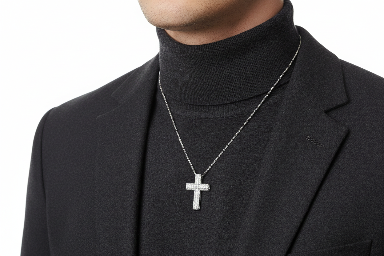 Model wearing sterling silver cross necklace featuring 1.80 CTW VVS moissanite.