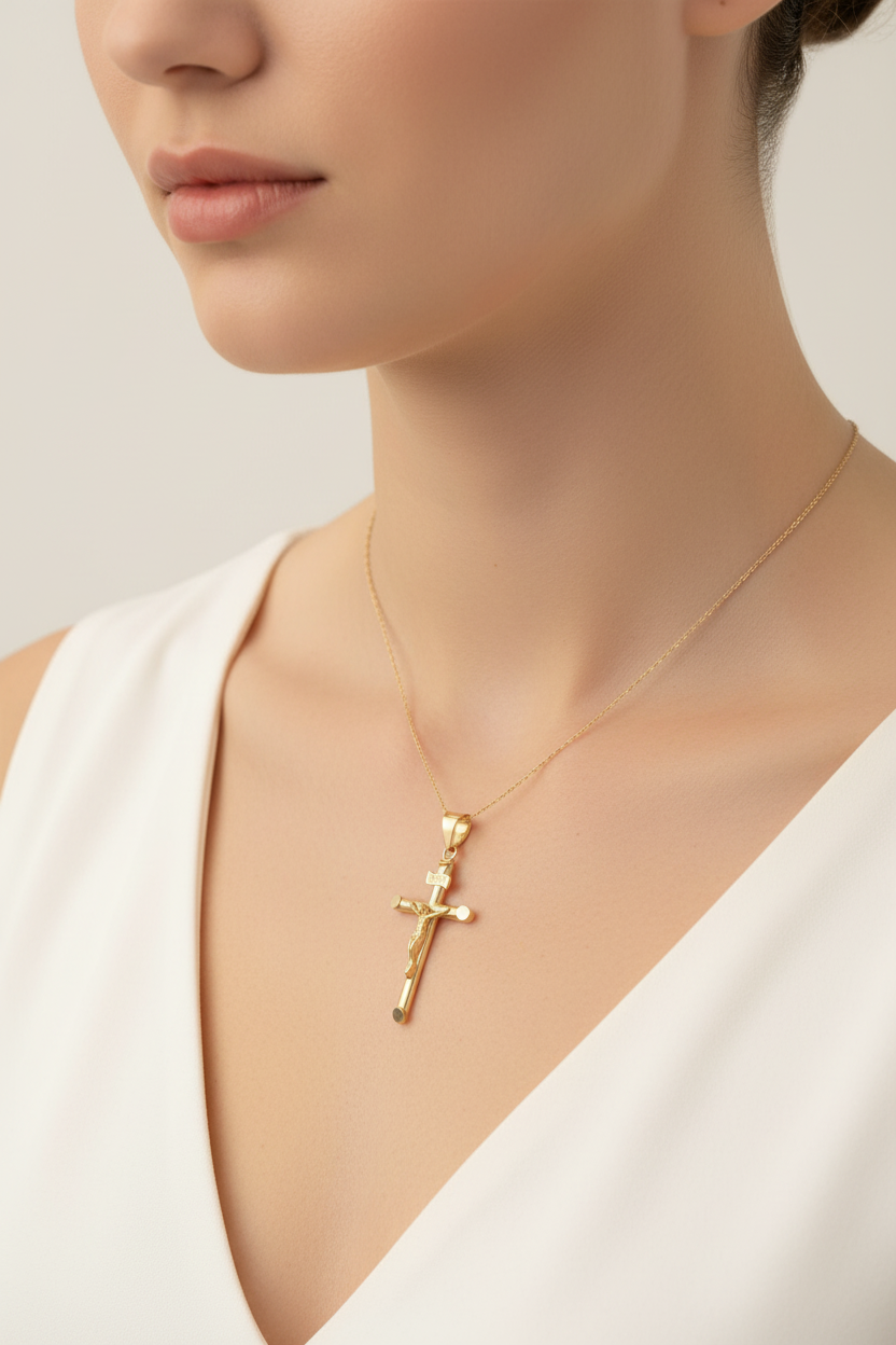 Yellow gold religious cross pendant with detailed crucifix design