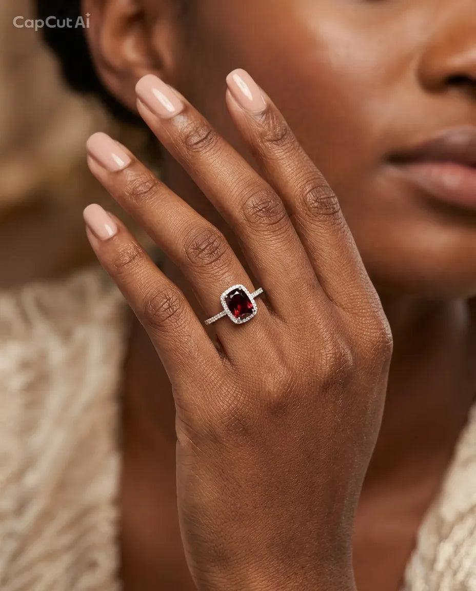 Model wearing 14K elongated cushion garnet diamond ring