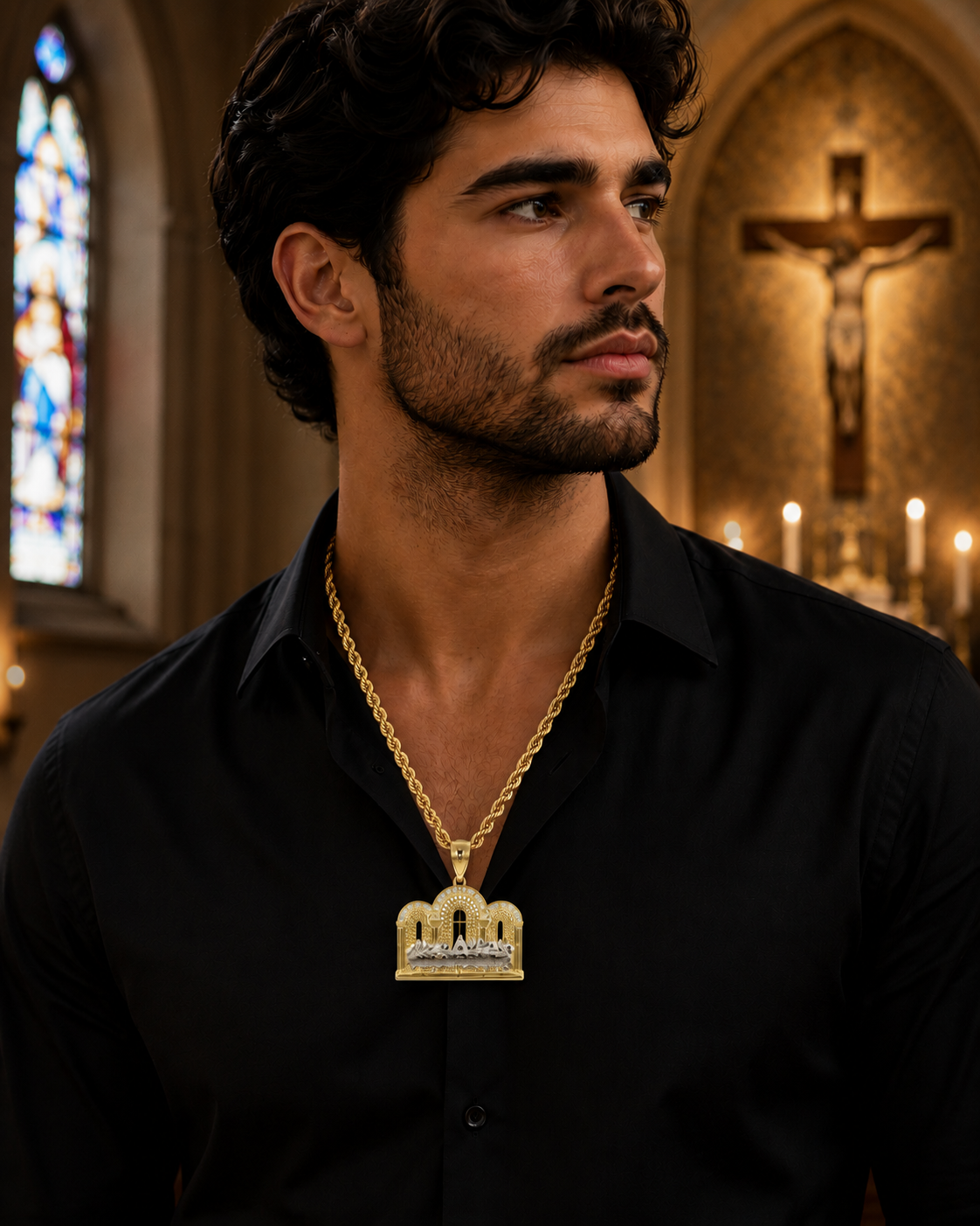 Two-tone gold religious pendant inspired by Leonardo da Vinci's Last Supper