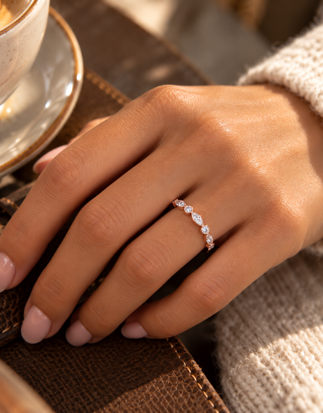 Model wearing modern 14K rose gold diamond band highlighting its slim polished shank and alternating marquise and round bezel set diamonds.