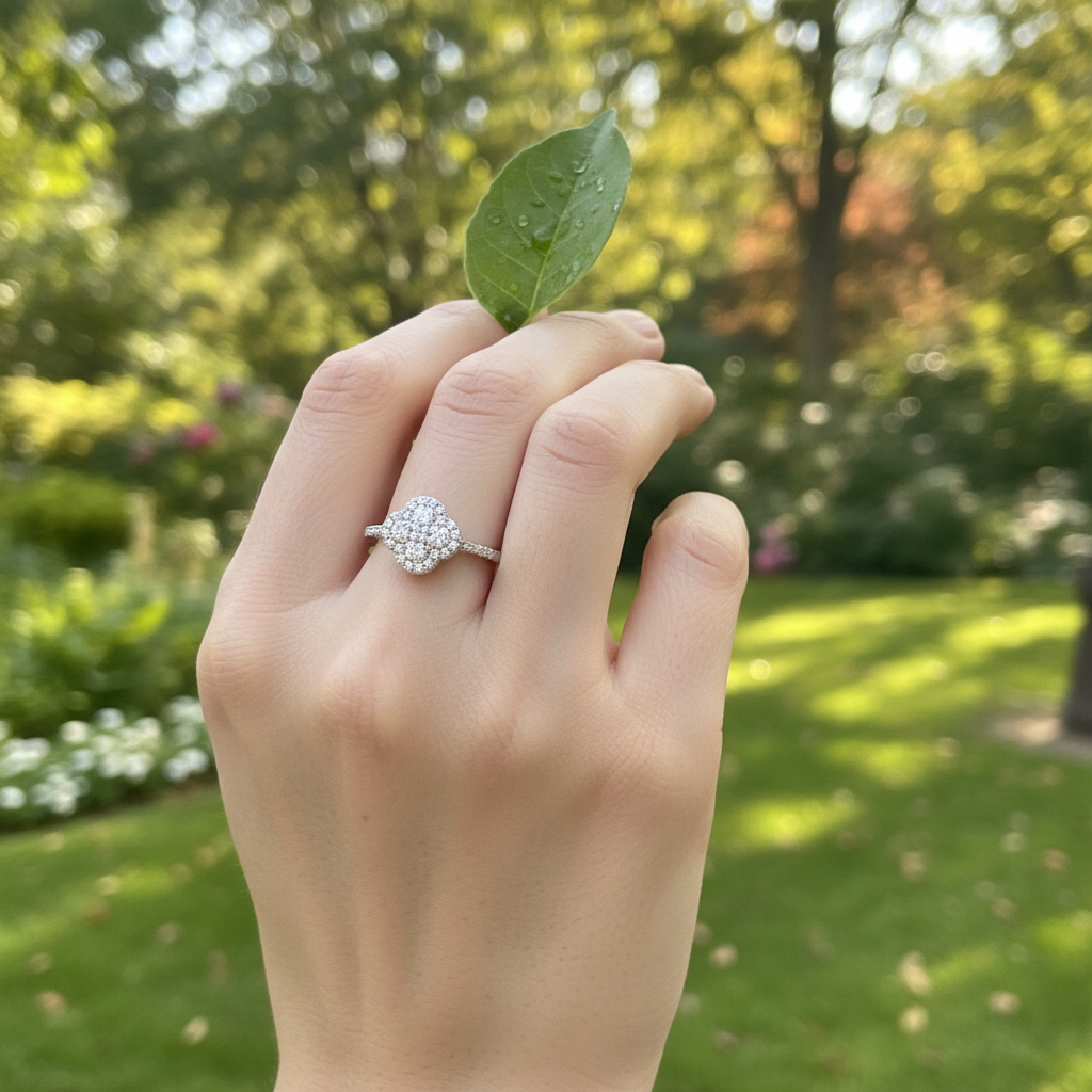 Sparkling VVS moissanite clover motif fashion ring
