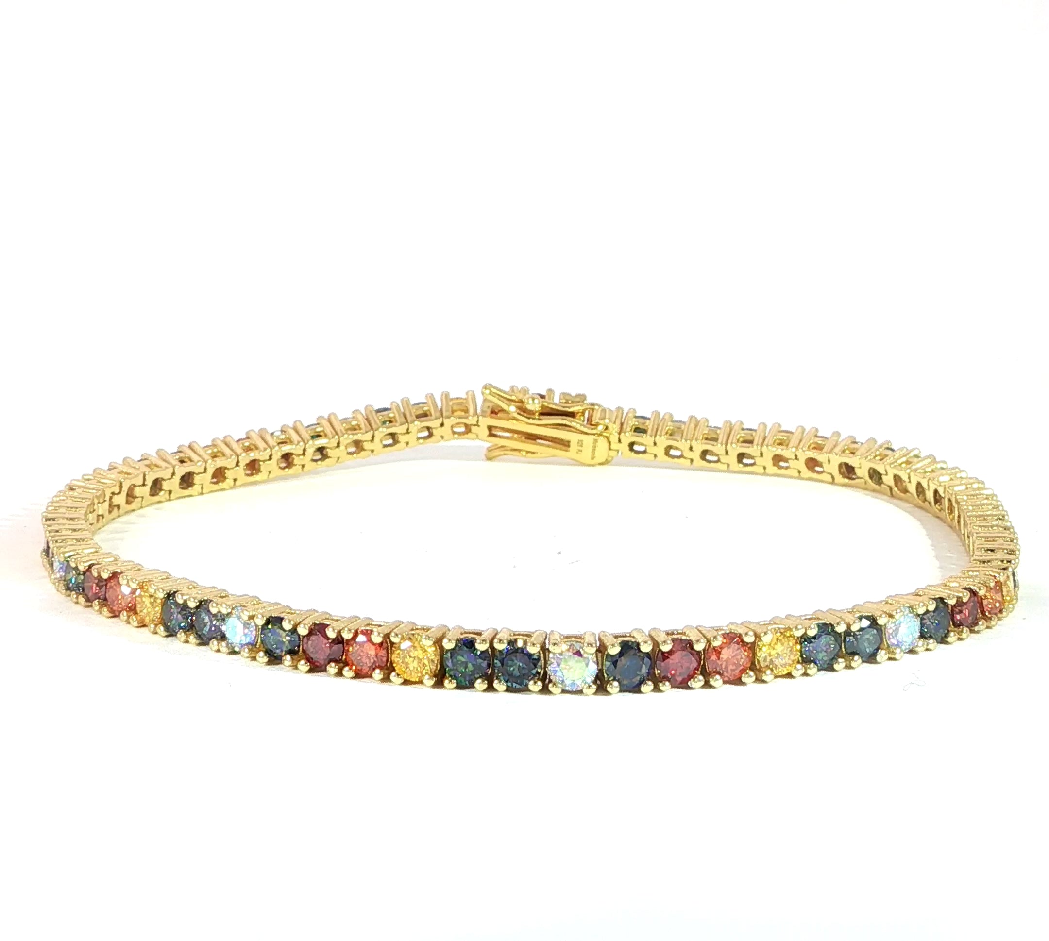 Gold plated sterling silver line bracelet with colored VVS moissanite sparkle.