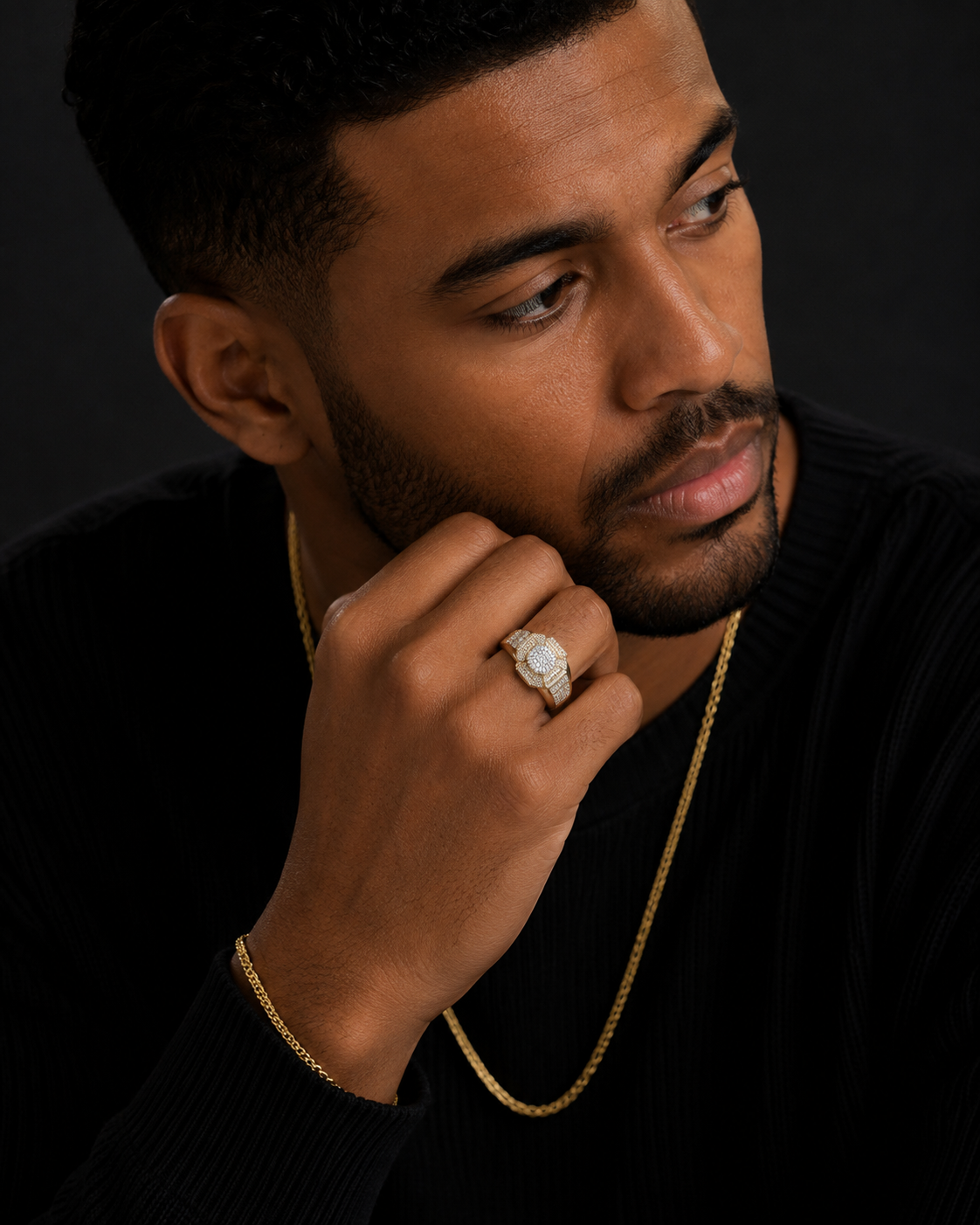 Wide men's yellow gold signet ring with diamond cluster and accented shoulders