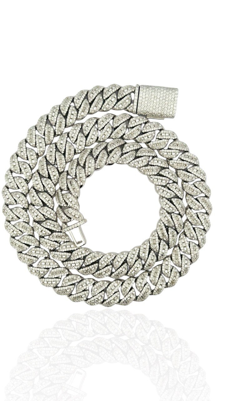 Sterling Silver Solid Miami Cuban Chain Necklace with VVS-D Moissanite Stones, Three Color Options