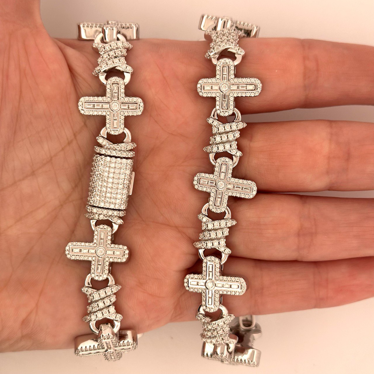 Sterling Silver Solid Cross Chain Necklace with VVS Moissanite Stones