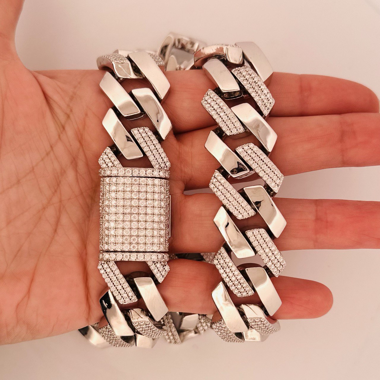 Sterling Silver Solid Miami Cuban Link Chain with VVS Moissanite Stones - 1