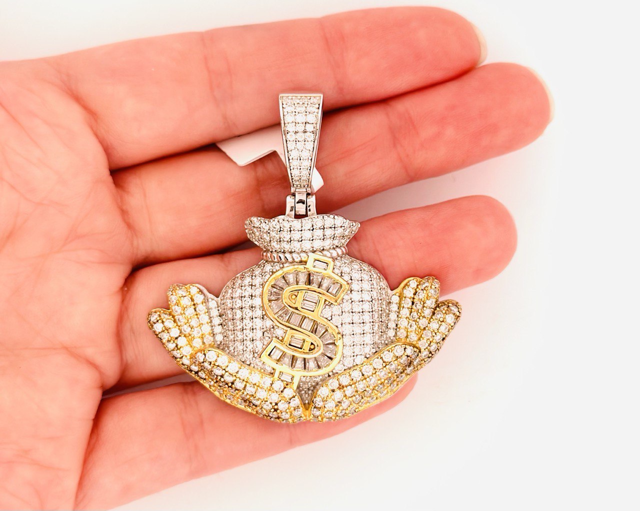 Sterling Silver VVS Moissanite Money Bag Pendant - Two Tone