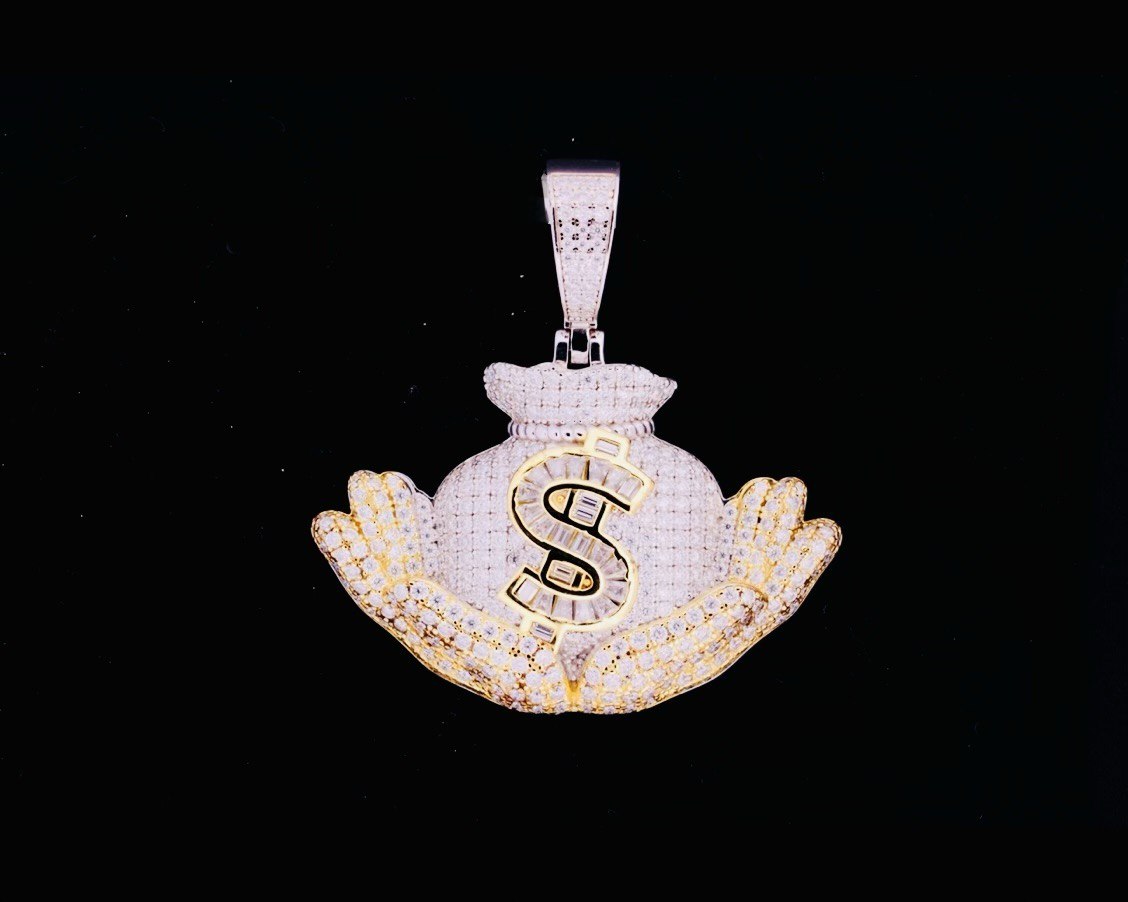 Sterling Silver VVS Moissanite Money Bag Pendant - Two Tone