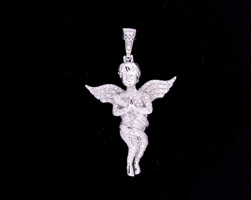 Sterling Silver Praying Angel Pendant with VVS Moissanite - Two Colors
