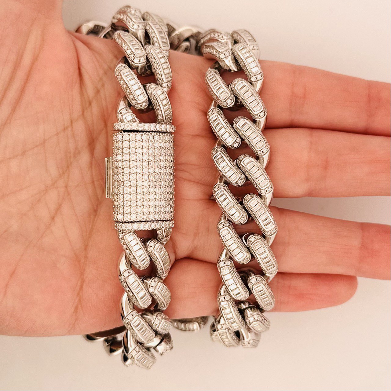 Sterling Silver Solid Miami Cuban Link Chain with VVS Moissanite Stones