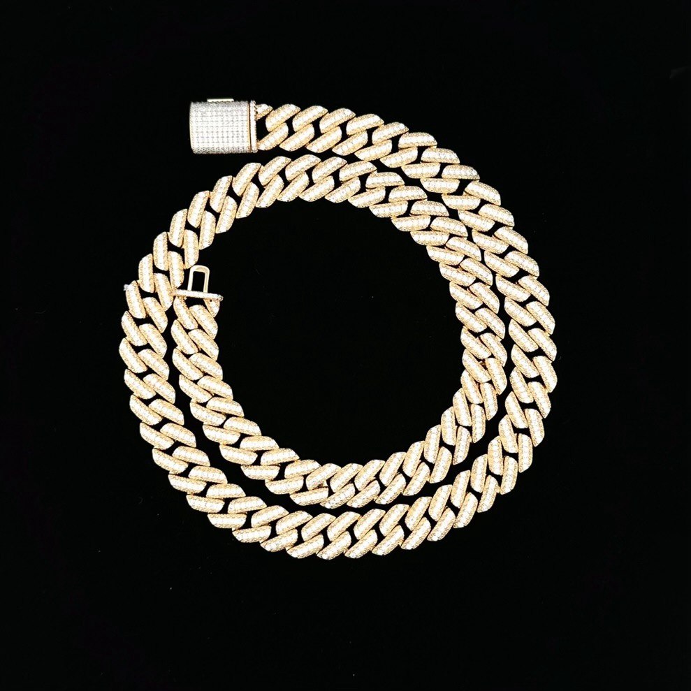 Sterling Silver Solid Miami Cuban Link Chain with VVS Moissanite Stones, Yellow Gold Color