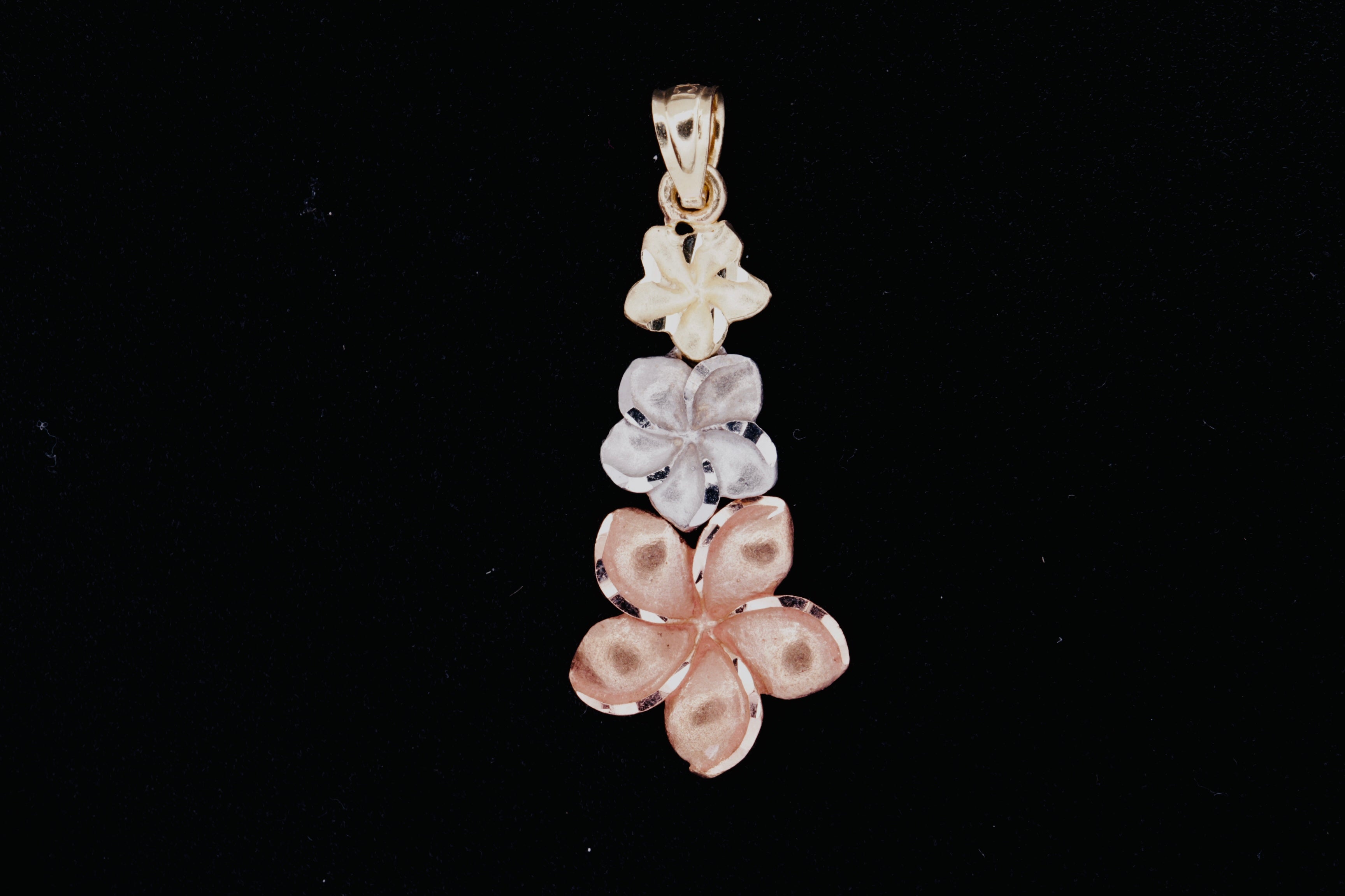 14K Tri-Color Gold Floral Pendant - 3 Flowers Design