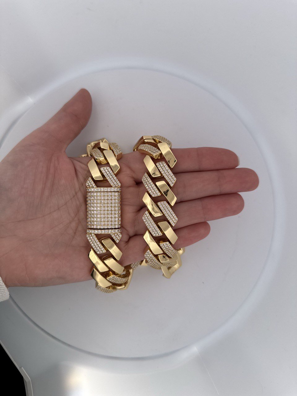 Sterling Silver Solid Miami Cuban Link Chain with VVS Moissanite Stones - 1