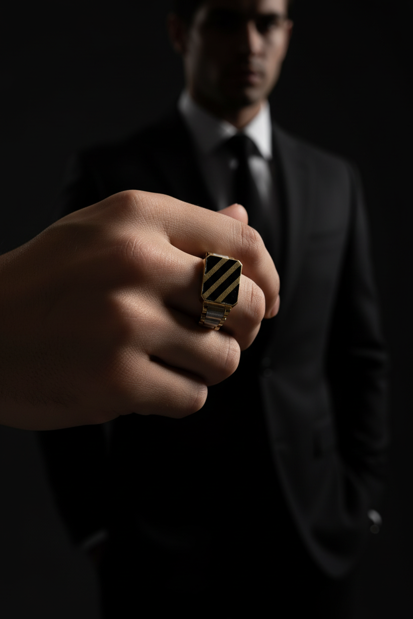 14K Yellow Gold Striped Black Onyx Ring – 11mm Top Width