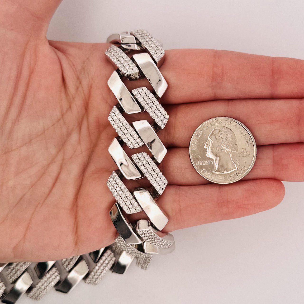 Sterling Silver Solid Miami Cuban Link Chain with VVS Moissanite Stones - 1
