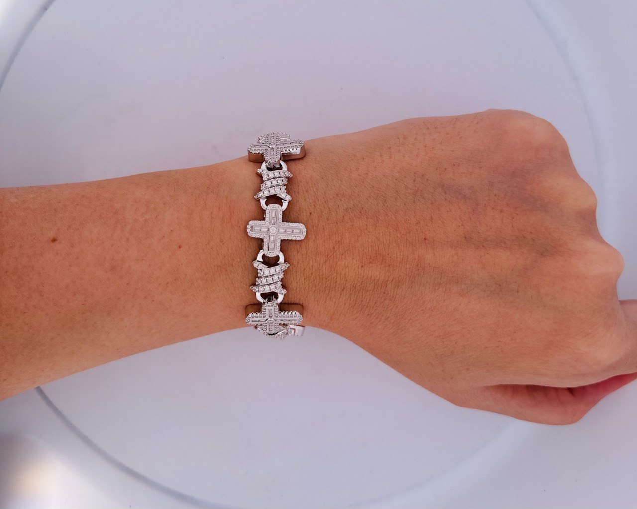 Sterling Silver Cross Bracelet - 5.64CT VVS-D Moissanite, 16.6MM
