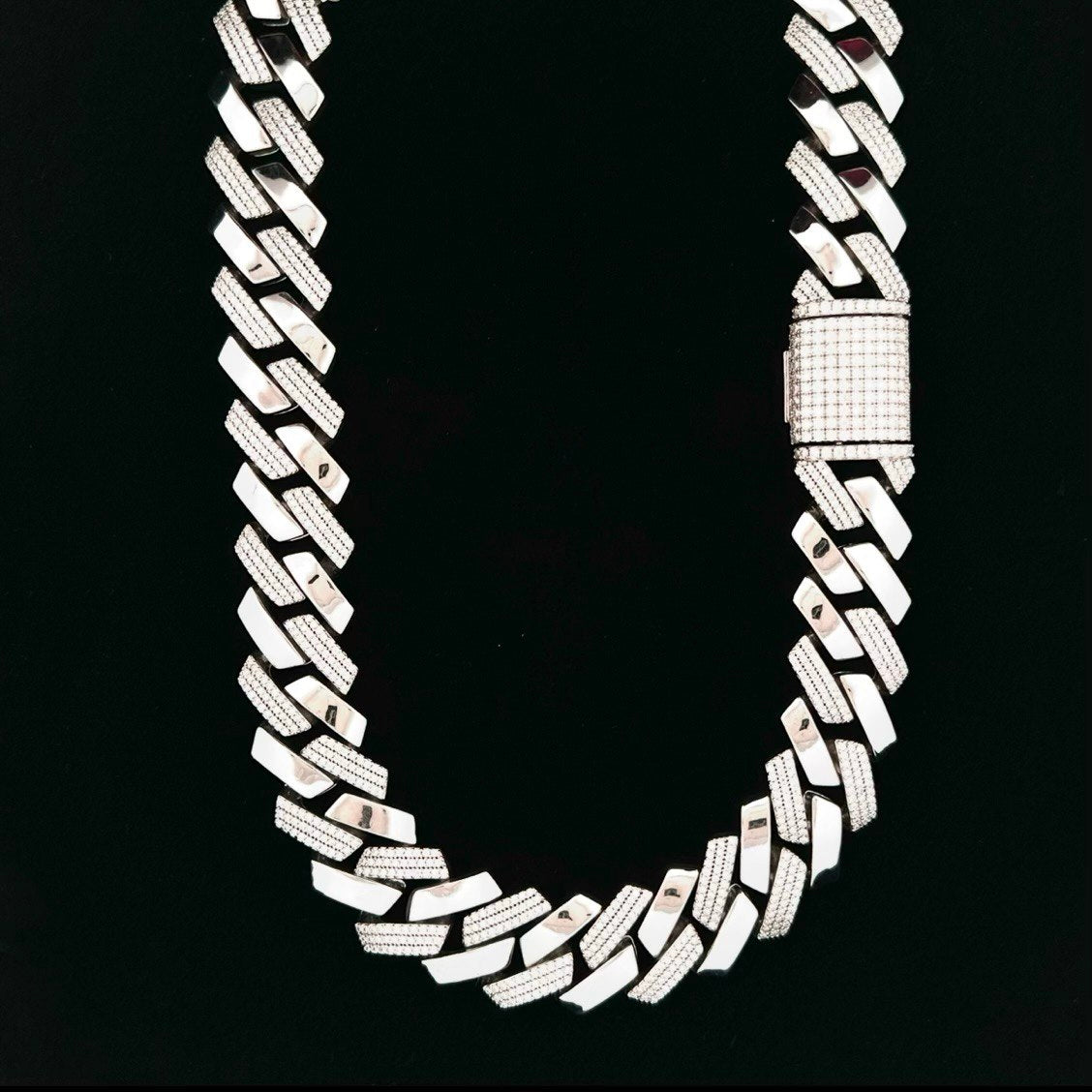 Sterling Silver Solid Miami Cuban Link Chain with VVS Moissanite Stones - 1