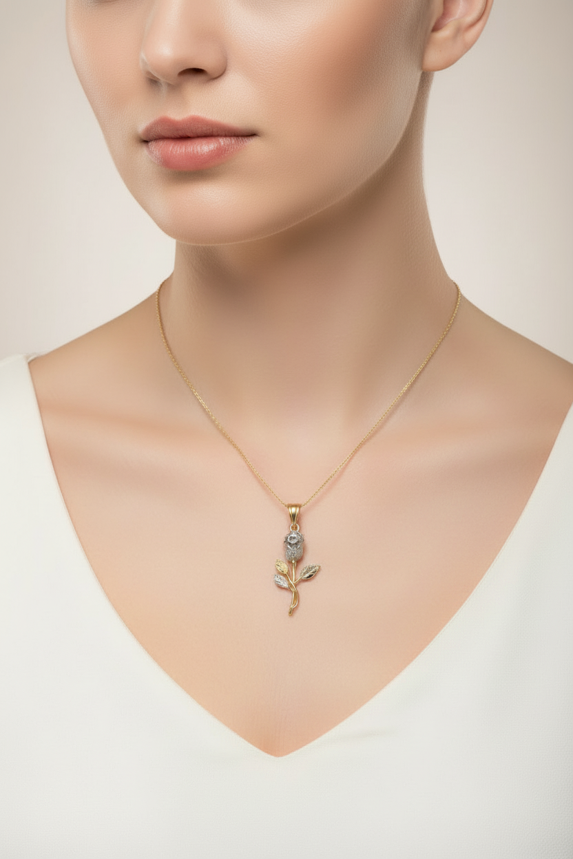14K Two-Tone Rose Flower Pendant